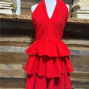 Entro Red Halter Tiered Peplum Dress